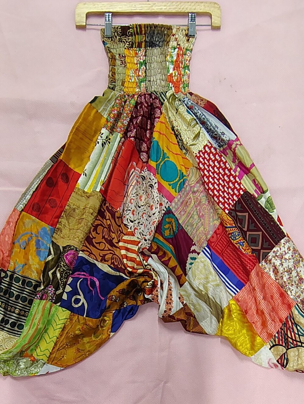 Bohemian Multi Patchwork Smocked Waist Balloon Harem Pants Sz S-M